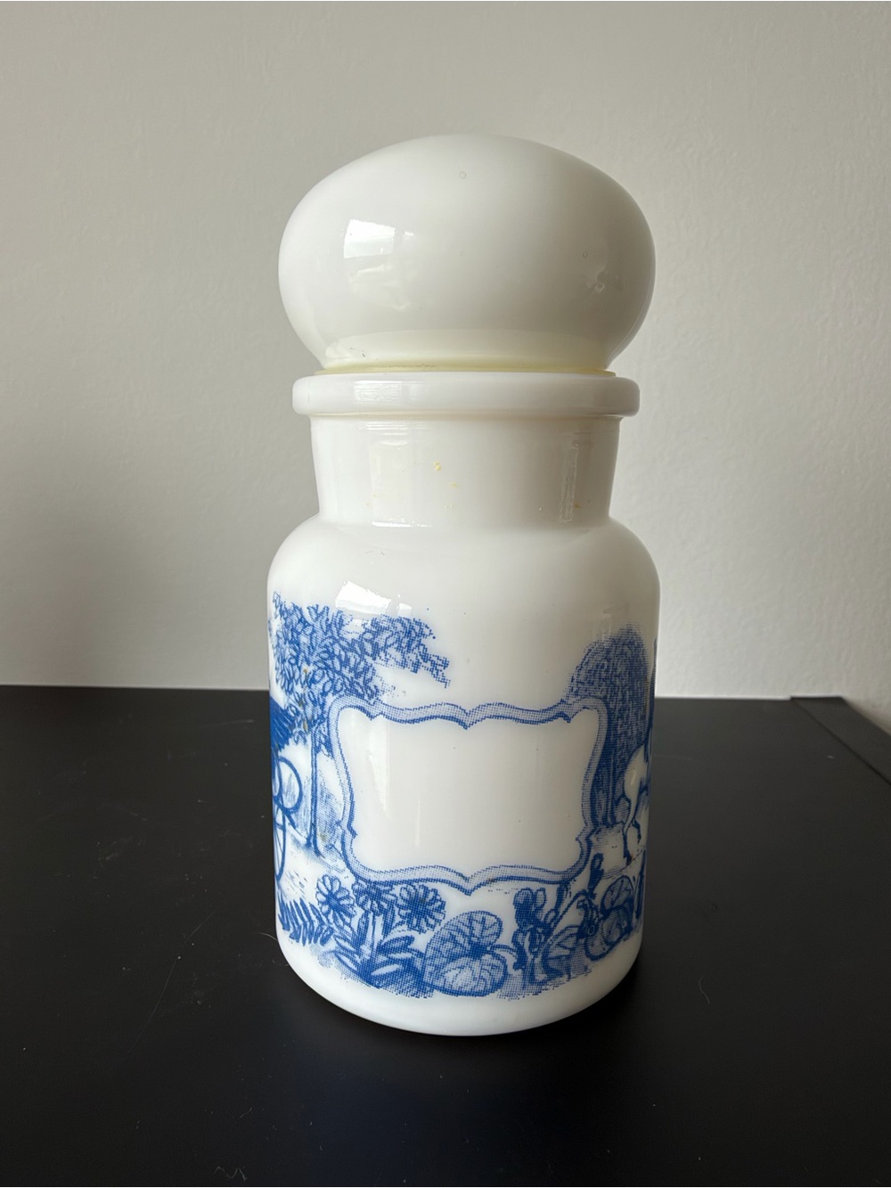 Belgium Vintage Milk Glass Apothecary Jar with Bubble Lid and Victorian Scenery